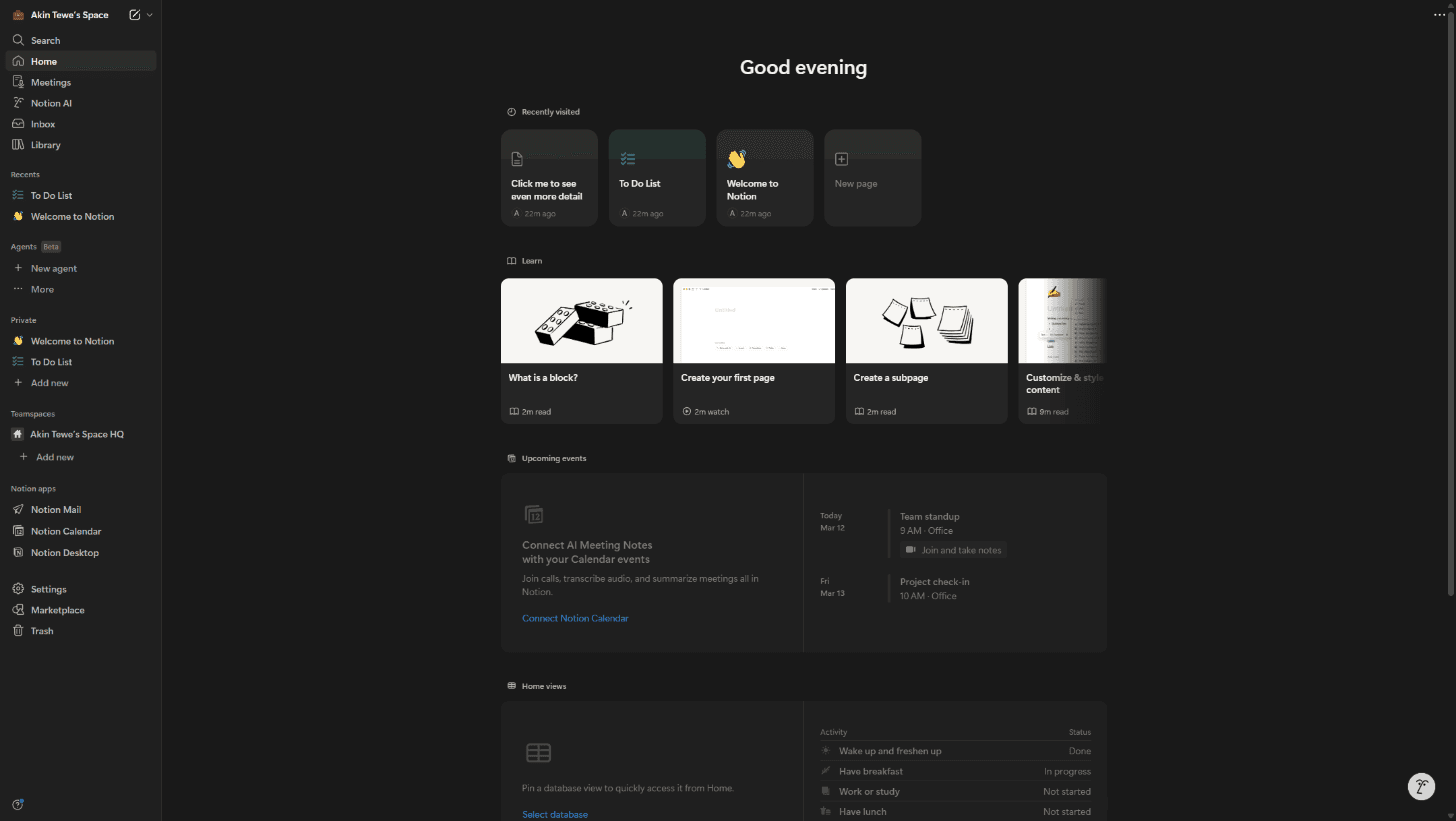 Home — content-first layout with warm typography and sidebar navigation